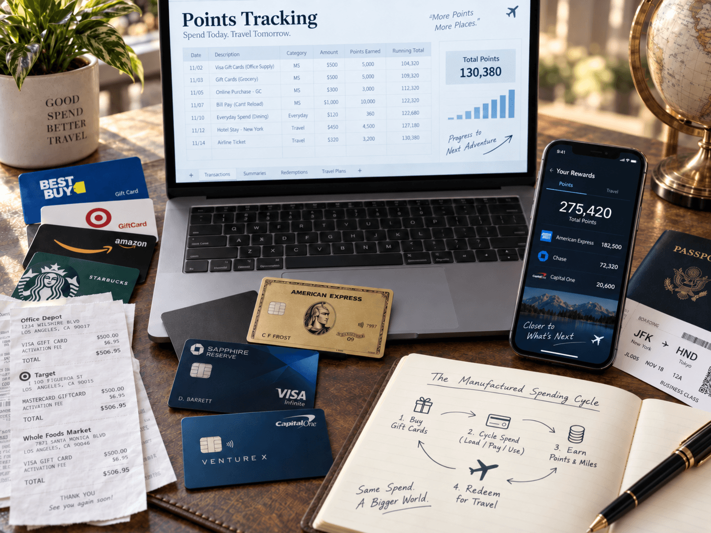 Points tracking workspace with gift cards, rewards credit cards, receipts, a passport, and a manufactured spending cycle notebook