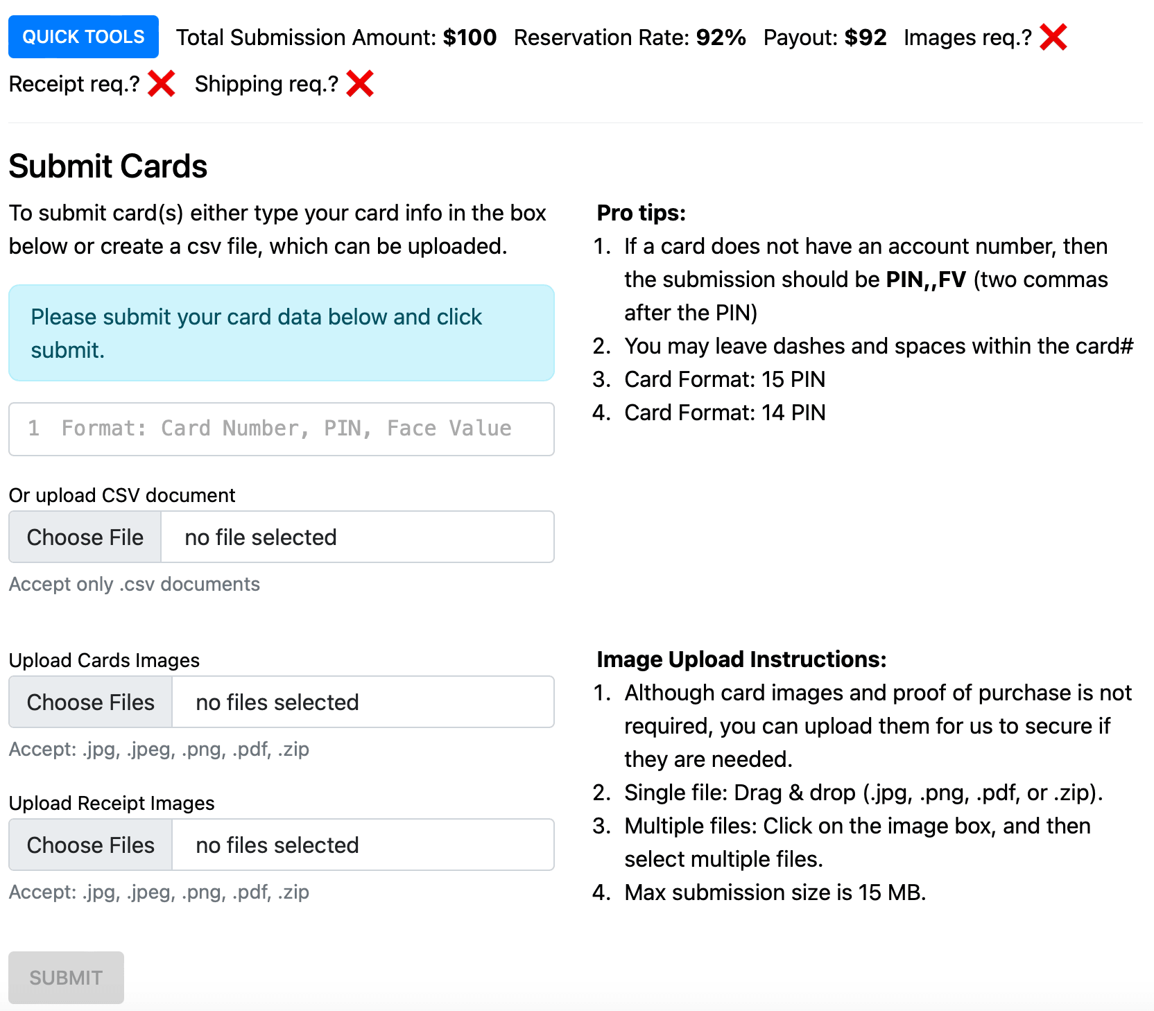 CardBay gift card submission form