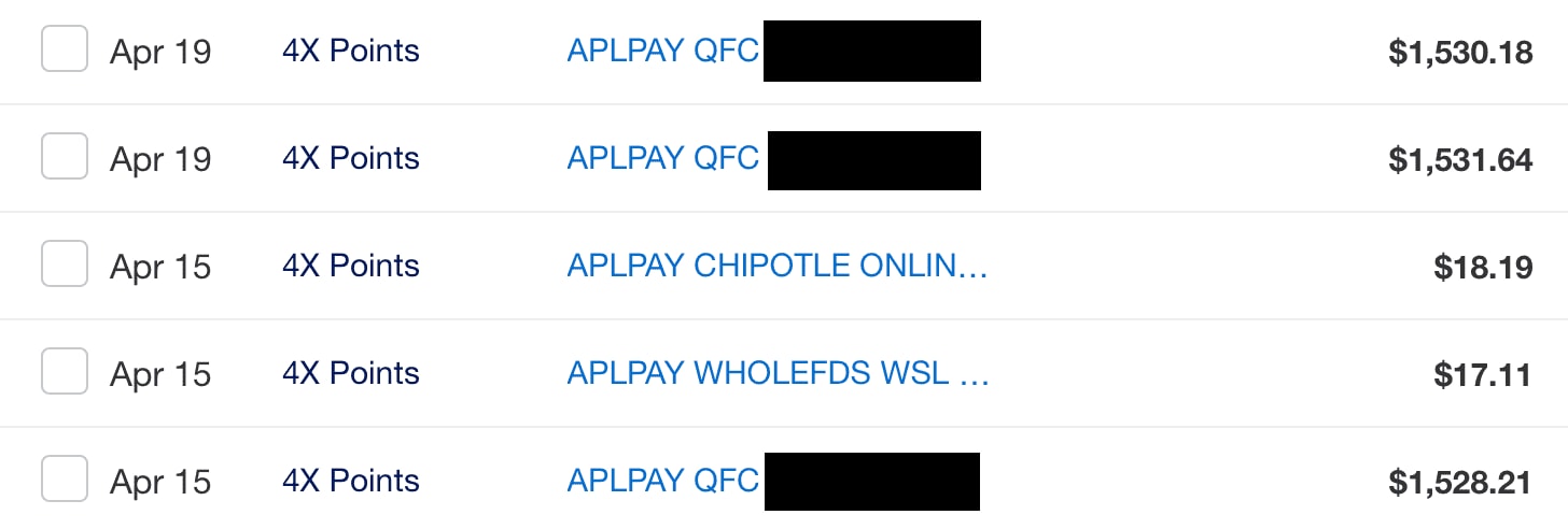 Redacted American Express transactions showing grocery purchases at QFC and Whole Foods