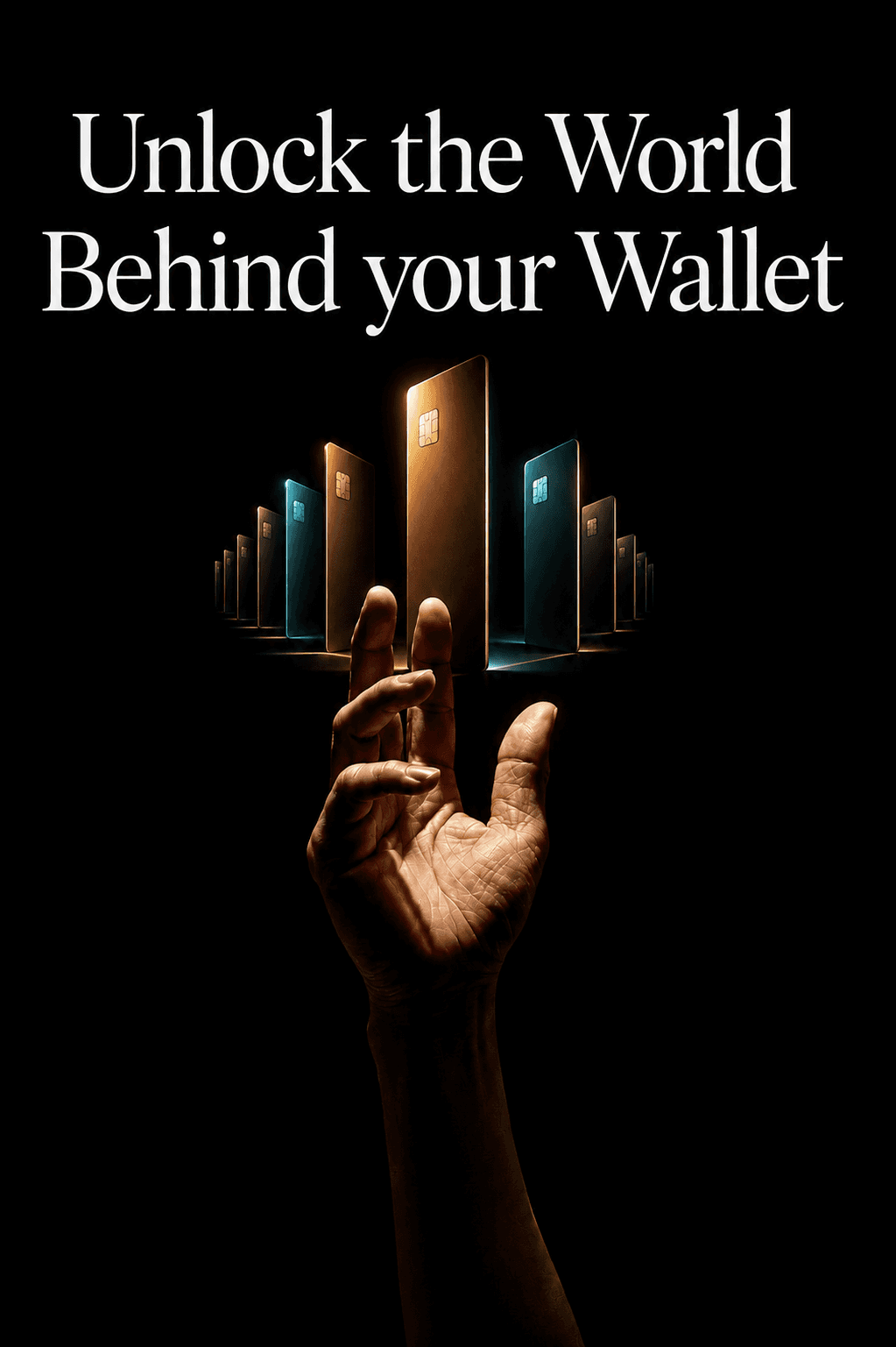 A hand reaching toward crisp credit-card doorways beneath the words Unlock the World Behind your Wallet