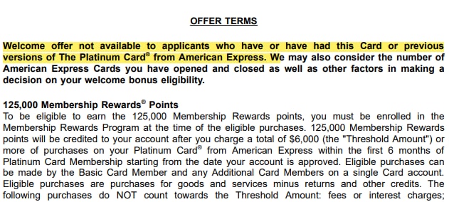 American Express offer terms showing lifetime eligibility language for a welcome bonus