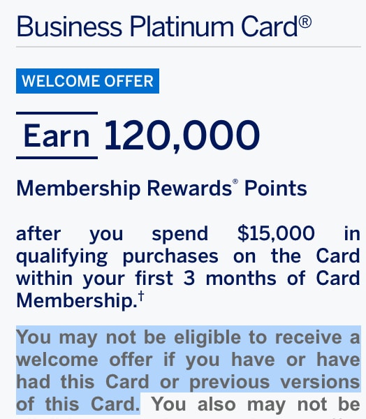American Express application terms saying previous cardholders may not be eligible for a welcome offer